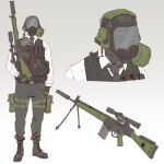  1boy ammunition_pouch assault_rifle belt bipod gas_mask gloves gun h&amp;k_g36 hat_legs holding holding_gun holding_weapon mask necktie original pouch rifle scope shirt sniper_rifle solo suit suppressor vest weapon white_background white_shirt 