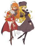  2girls ahoge ascot back-to-back black_cape black_coat black_footwear black_headwear blonde_hair blue_eyes boots brown_footwear cape capelet coat copyright_name emeraldas full_body fur-trimmed_capelet fur_hat fur_trim ginga_tetsudou_999 hair_between_eyes hair_ornament hand_on_own_hip hat high_heel_boots high_heels highres long_hair long_hair_between_eyes long_sleeves looking_at_viewer maetel meremero multiple_girls orange_hair pants pirate pom_pom_(clothes) red_coat scar scar_on_face simple_background skull_and_crossbones skull_hair_ornament smile standing ushanka very_long_hair white_ascot white_background white_pants winter_clothes 