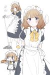  1girl :/ absurdres apron arms_behind_back blush brown_hair chibi closed_mouth highres maid maid_apron maid_headdress meeeeeeco359 mop original short_hair simple_background sketch solo translation_request violet_eyes white_background 