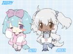  2girls :&lt; ahoge animal_ears animal_slippers anklet blouse blue_background blue_hair blue_pants blue_shirt blush_stickers bow brown_eyes camisole chibi closed_mouth coat collared_shirt cross-laced_footwear dark-skinned_female dark_skin dog_ears dog_girl dog_slippers dog_tail english_commentary flower_hairband full_body grey_hair grey_sweater hair_between_eyes hair_bow hair_ornament hairpin hand_up jewelry lapithai large_bow long_hair looking_at_viewer multiple_girls no_pupils one_eye_closed open_mouth original pants pink_camisole pink_footwear pink_socks plaid plaid_background purple_bow shirt sleeves_past_fingers sleeves_past_wrists slippers socks solo standing standing_on_one_leg striped striped_socks sweater tail thigh-highs violet_eyes white_coat white_socks white_thighhighs 
