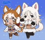 1boy 1girl :3 animal_ears animal_hands black_eyes black_footwear black_pants blue_background blue_eyes blue_jacket boots brown_coat brown_eyes brown_hair brown_pants chest_harness chibi coat collar colored_tips dog_boy dog_ears dog_girl dog_tail earmuffs english_commentary full_body fur-trimmed_jacket fur-trimmed_pants fur-trimmed_sleeves fur_collar fur_trim gloves gradient_background hair_between_eyes hands_up harness heterochromia jacket lapithai long_sleeves looking_at_viewer multicolored_hair no_pupils open_mouth original pants paw_gloves paw_pose plaid plaid_jacket puffy_long_sleeves puffy_sleeves red_collar samoyed_(dog) simple_background snow standing standing_on_one_leg tail tongue tongue_out welsh_corgi white_footwear white_gloves white_hair