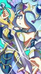  1girl aqua_background blue_eyes blue_hair breasts detached_sleeves enraenra_(youkai_watch) hair_over_one_eye highres holding holding_sword holding_weapon large_breasts long_hair looking_at_viewer pipiko. simple_background solo sword weapon youkai_watch 