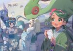  3girls abe_(kumayu) altaria alternate_costume blonde_hair blue_hair braid commentary_request cup day dragonair floral_print flygon green_hair hair_ornament hairband highres holding holding_cup japanese_clothes kimono lana_(pokemon) lillie_(pokemon) long_hair mallow_(pokemon) multiple_girls outdoors pink_hairband pokemon pokemon_(creature) pokemon_sm ponytail sash short_hair sky swept_bangs twintails 