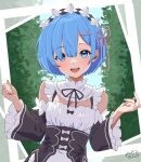  1girl absurdres blue_eyes blue_hair blue_sky blush border commentary_request detached_sleeves frilled_sleeves frills hair_ornament hair_over_one_eye hair_ribbon highres leaf looking_at_viewer maid maid_headdress mototaku open_mouth outdoors pink_ribbon re:zero_kara_hajimeru_isekai_seikatsu rem_(re:zero) ribbon ribbon-trimmed_clothes ribbon_trim roswaal_mansion_maid_uniform short_hair sky solo teeth tree upper_teeth_only white_border x_hair_ornament 