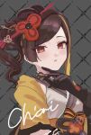  1girl black_gloves brown_hair character_name chiori_(genshin_impact) commentary_request genshin_impact gloves grey_background grey_kimono highres japanese_clothes kimono long_hair looking_at_viewer moti11kkk29 red_eyes short_sleeves solo upper_body 