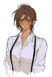  1girl breasts brown_eyes brown_hair collared_shirt earrings highres huyj_cl jewelry large_breasts limbus_company long_sleeves looking_at_viewer outis_(project_moon) project_moon shirt short_hair simple_background solo suspenders upper_body white_background white_shirt 