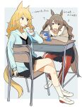  2girls ? absurdres alternate_costume animal_ears ashinowoto black_eyes black_shirt black_skirt blonde_hair blue_jacket blush brown_hair brown_jacket cardigan chair crossed_legs desk drinking full_body gold_city_(umamusume) highres holding holding_phone horse_ears horse_girl horse_tail jacket jitome juice_box long_hair long_sleeves multiple_girls necktie open_mouth pants phone red_pants sailor_collar school_chair school_desk shirt shoes simple_background sitting skirt socks sweatdrop tail tosen_jordan_(umamusume) track_pants translation_request twintails umamusume uwabaki white_background white_socks 