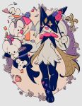  :d berry_(pokemon) black_headwear confetti drooling flower hat highres holding maushold meowscarada mouth_drool oharu-chan open_mouth pink_eyes pink_flower pokemon pokemon_(creature) smile standing top_hat wand 