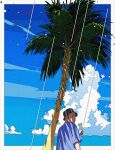  1boy absurdres back blue_shirt blue_sky border clouds commentary food hat highres ice_cream looking_at_viewer male_focus original palm_tree shirt sideburns sky solo tree tsukumiiii white_border 
