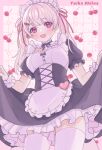  1girl absurdres apron black_dress blush character_name cherry dress food frilled_dress frills fruit highres long_hair maid maid_headdress nijisanji pink_eyes pink_hair puffy_short_sleeves puffy_sleeves puka_(hirosikaku) shiina_yuika shiina_yuika_(5th_costume) short_sleeves skirt_hold solo thigh-highs twintails virtual_youtuber white_apron white_headdress white_thighhighs white_wrist_cuffs 