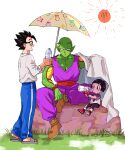  1girl 2boys :d antenna_hair black-framed_eyewear black_hair black_pants blanket blue_pants blunt_bangs blush boots bottle brown_footwear child collarbone commentary_request dougi dragon_ball dragon_ball_super dragon_ball_super_super_hero drinking eyelashes father_and_daughter fingerless_gloves glasses gloves grass grey_footwear hand_up hands_up holding holding_bottle long_sleeves looking_at_another multiple_boys namekian no_eyebrows open_mouth pan_(dragon_ball) pants parasol parted_lips pectorals piccolo pny_panya pointy_ears profile purple_pants red_footwear red_gloves red_sash rock sandals sash shirt shirt_tucked_in short_hair short_sleeves simple_background sitting smile son_gohan spiky_hair standing sun t-shirt umbrella water_bottle white_background white_shirt 