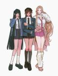  3girls beret black_hair black_socks brown_eyes brown_hair full_body hand_up hat highres huyj_cl limbus_company long_sleeves looking_at_viewer multiple_girls necktie outis_(project_moon) pink_necktie pink_skirt project_moon rodion_(project_moon) ryoshu_(project_moon) shirt simple_background skirt socks white_background white_leg_warmers white_shirt white_socks 