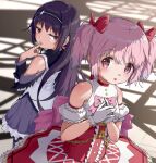  2girls akemi_homura black_hair black_hairband gloves grey_background hairband highres long_hair looking_at_another magical_girl mahou_shoujo_madoka_magica mahou_shoujo_madoka_magica_(anime) multiple_girls pink_eyes pink_hair puella_anko purple_skirt skirt violet_eyes white_gloves 