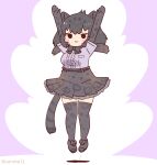  1girl animal_ears arms_up belt black_hair black_jaguar_(kemono_friends) bow bowtie coroha elbow_gloves extra_ears full_body gloves jaguar_ears jaguar_girl jaguar_print jaguar_tail jumping kemono_friends looking_at_viewer purple_background shirt shoes short_hair simple_background skirt solo tail thigh-highs 