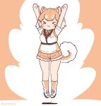  1girl animal_ears arms_up brown_background brown_hair cardigan coroha dog_(shiba_inu)_(kemono_friends) dog_ears dog_girl dog_tail elbow_gloves extra_ears full_body gloves jumping kemono_friends looking_at_viewer necktie pantyhose shirt shoes short_hair shorts simple_background socks solo tail 
