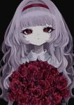  1girl :&lt; black_background blunt_bangs bouquet closed_mouth eyelashes flower highres holding holding_bouquet long_hair looking_at_viewer mole mole_under_eye original purple_hair red_eyes red_flower red_rose rose shiona_(siona0625) simple_background solo straight-on upper_body wavy_hair 