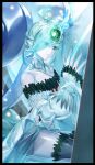  1girl ahoge black_border border crying crystal_hair detached_sleeves duel_monster forehead_jewel green_eyes highres ice icejade_aegirine icejade_gymir_aegirine pointy_ears tears_from_one_eye thigh-highs translucent_hair translucent_skin vulture_(washizu0808) yu-gi-oh! 