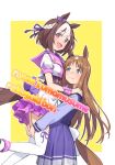 2girls absurdres animal_ears braid brown_hair cover cover_page grass_wonder_(umamusume) hair_ribbon highres horse_ears horse_girl horse_tail hug long_hair looking_at_another looking_at_viewer multicolored_hair multiple_girls nyum open_mouth ribbon school_uniform short_hair skirt smile special_week_(umamusume) tail thigh-highs umamusume white_hair white_thighhighs yuri 
