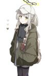  1girl absurdres black_pantyhose black_scarf blue_archive blush closed_mouth deen_(hnxp8555) feet_out_of_frame green_eyes green_jacket grey_hair grey_shorts halo hands_in_pockets hare_(blue_archive) hare_(camp)_(blue_archive) hat highres hood hooded_jacket jacket long_hair long_sleeves open_clothes open_jacket pantyhose ponytail scarf shirt shorts simple_background solo white_headwear white_shirt 