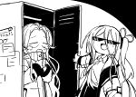  2girls aris_(blue_archive) blue_archive cabinet highres jacket long_hair monochrome multiple_girls odayaka paper shirt side_ponytail sunglasses tears yuzu_(blue_archive) 