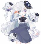  +_+ 1girl :d :o absurdres black_ribbon blue_eyes blue_skirt chibi chibi_inset clione_myosotis closed_eyes dress eyepatch flower frilled_dress frills hair_ribbon hand_over_eye happy_saint_sheol heterochromia highres light_blush long_hair qcu_ssn ribbon rose shirt skirt smile solo star_(symbol) tareme v violet_eyes white_hair white_shirt 