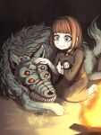  1girl bandaged_arm bandages blue_eyes brown_hair campfire doll dress extra_eyes extra_teeth fear_&amp;_hunger green_fur highres kneeling long_hair looking_at_animal medium_hair moonless_(fear_&amp;_hunger) pet petting the_girl_(fear_&amp;_hunger) user_pvpd4328 wolf 