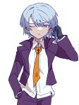  1boy black_gloves braid collared_shirt cowboy_shot danganronpa:_trigger_happy_havoc danganronpa_(series) genderswap genderswap_(ftm) gloves grey_hair hand_in_pocket highres jacket kirigiri_kyoko male_focus necktie open_clothes open_jacket orange_necktie pants parted_lips pink_eyes purple_jacket purple_pants shirt short_hair side_braid simple_background solo teeth todoroki_gk2 white_background white_shirt 