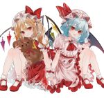  2girls absurdres ascot bat_wings blonde_hair blue_hair bow crystal dress flandre_scarlet frills hat hat_ribbon highres holding holding_hands holding_toy laevatein_(touhou) looking_at_viewer mob_cap multicolored_wings multiple_girls one_side_up open_mouth pink_headwear puffy_short_sleeves puffy_sleeves red_ascot red_eyes red_footwear red_skirt red_vest remilia_scarlet ribbon shirt short_hair short_sleeves siblings side_ponytail simple_background sisters sitting skirt skirt_set smile stuffed_animal stuffed_toy teddy_bear touhou toy uzmee vest white_background white_headwear wings wrist_cuffs yellow_ascot 