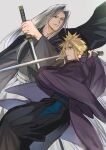  2boys battle black_hakama blonde_hair blue_eyes closed_mouth cloud_strife crossed_swords earrings feet_out_of_frame final_fantasy final_fantasy_vii final_fantasy_vii_remake grey_background grey_hair hair_between_eyes hakama holding holding_sword holding_weapon japanese_clothes jewelry jjn_ff7 katana long_bangs long_hair long_sleeves male_focus multiple_boys parted_bangs parted_lips sephiroth short_hair single_earring smile spiky_hair sword weapon white_hakama wide_sleeves 