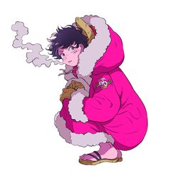  1boy 2t4r_0p black_hair breath coat cold full_body fur_coat gloves highres male_focus monkey_d._luffy one_piece red_coat scar scar_on_cheek scar_on_face winter_clothes winter_coat 