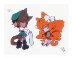  2girls animal_ears beret bow brown_hair brown_thighhighs cat_ears cat_tail chibi green_skirt hair_bow hat highres huyj_cl ishmael_(project_moon) limbus_company long_hair looking_at_viewer multiple_girls orange_hair outis_(project_moon) project_moon red_skirt short_hair simple_background skirt tail thigh-highs very_long_hair white_background white_bow yellow_eyes 