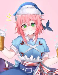  1girl alcohol apron beer beer_mug blue_apron blue_dress breasts cup dress foam green_eyes highres looking_at_viewer majime_joe mug okunoda_miyoi pink_background pink_hair smile solo touhou whale_hat 