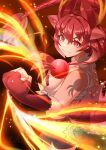  1girl absurdres animal_ears belt dragon_girl dragon_horns dragon_tail elbow_gloves extra_ears fingerless_gloves fire gloves highres horns kawanami_eito kemono_friends kemono_friends_3 long_hair looking_at_viewer necktie red_dragon_(kemono_friends) red_eyes redhead shirt shorts simple_background sleeveless sleeveless_shirt solo tail 