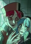  ._. 1boy 1girl animal_ears blue_hair chally_cst colored_sclera dated elevator_operator evil_smile fake_animal_ears hat highres looking_at_viewer masacrik mimi_(psychocuties) psychocuties rabbit_ears red_sclera redhead sharp_teeth short_hair signature smile teeth upper_body 