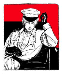  1boy belt black_gloves border couch fear_&amp;_hunger fear_&amp;_hunger_2:_termina gloves hat highres kocho_15 male_focus military_uniform on_couch pav_(fear_&amp;_funger) peaked_cap pectorals plunging_neckline reclining short_hair smirk spot_color twitter_username uniform v-neck white_border 