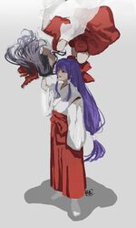  2girls absurdres arm_at_side arm_up bow brown_hair commentary_request detached_sleeves dress dual_persona faceless faceless_female floating grey_background hair_bow hakama hakama_skirt hakurei_reimu hakurei_reimu_(pc-98) highres japanese_clothes kosode long_hair looking_at_another low-tied_long_hair miko multiple_girls open_mouth purple_hair red_bow red_dress red_hakama shadow short_hair simple_background sketch skirt smile sokura_(mochichitose) touhou upside-down white_sleeves wide_sleeves 