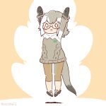  1girl animal_ears arms_up coroha extra_ears full_body glasses gloves grey_hair japari_symbol jumping kemono_friends looking_at_viewer meerkat_(kemono_friends) meerkat_ears meerkat_tail pants pink_background sandals short_hair simple_background solo sweater tail 