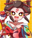  1girl bare_shoulders black_hair blush_stickers colored_sclera egasumi highres japanese_clothes kimono looking_at_viewer off_shoulder oiran_(youkai_watch) open_mouth pipiko. pointy_ears red_nails solo yellow_sclera youkai_(youkai_watch) youkai_watch 