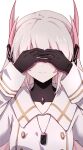  1girl beizhi black_gloves closed_mouth covering_own_eyes dog_tags gloves gold_trim grey_hair headgear headphones highres jacket liv:_eclipse_(punishing:_gray_raven) liv_(punishing:_gray_raven) long_hair long_sleeves pink_hair pink_jacket punishing:_gray_raven sidelocks solo straight_hair three_monkeys white_background 