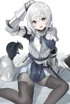  1girl arm_support armor belt breastplate fantasy faulds gauntlets grey_eyes hand_on_own_head helmet highres km_yama knife looking_at_viewer mittens on_floor open_mouth original plate_armor plume short_hair shoulder_armor solo thigh-highs unworn_headwear unworn_helmet white_hair 