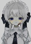  1girl :&lt; black_necktie black_ribbon blood blood_on_face blue_eyes chain closed_mouth dress frilled_dress frills grey_hair highres long_hair looking_at_viewer maid_headdress necktie original puffy_sleeves ribbon shiona_(siona0625) simple_background solo straight-on upper_body white_dress 