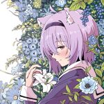  1girl absurdres ahoge animal_ear_fluff animal_ears cat_ears chun_1234567 flower hairband highres hololive lily_(flower) nekomata_okayu nekomata_okayu_(3rd_costume) purple_hair school_uniform serafuku short_hair smile solo violet_eyes virtual_youtuber 