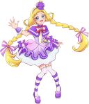  1girl :d blonde_hair blue_eyes blush braid commentary_request cure_friendy dress eyelashes fpminnie1 hair_ornament hairband happy highres inukai_iroha long_hair low_twin_braids low_twintails magical_girl open_mouth precure purple_dress purple_wrist_cuffs simple_background sketch smile solo standing thigh-highs thighs twin_braids twintails white_background wonderful_precure! wrist_cuffs 