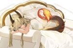  1girl absurdres arknights blonde_hair couch crossed_arms dragon_girl dragon_horns dress flame-tipped_tail green_eyes highres horns infection_monitor_(arknights) long_hair lying on_side reed_(arknights) sidelocks solo white_dress yuro_(_yu_you) 