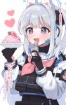  13_(spice!!) 1girl animal_ears black_gloves blue_archive blue_halo fake_animal_ears fork gloves grey_hair halo heart highres holding holding_fork holding_plate long_hair long_sleeves miyako_(blue_archive) neckerchief one_side_up open_mouth pink_neckerchief plate plate_carrier rabbit_ears sailor_collar solo translation_request upper_body violet_eyes white_sailor_collar 