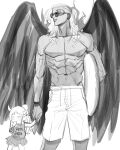  1boy 1girl aged_down asymmetrical_hair black_wings curled_horns dark-skinned_male dark_skin facial_tattoo food highres holding holding_hands horns ice_cream king_(one_piece) long_hair male_focus one_piece oni oni_horns sate_meng tattoo wings yamato_(one_piece) 