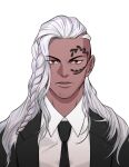  1boy asymmetrical_hair bishounen braid dark-skinned_male dark_skin facial_hair facial_tattoo highres king_(one_piece) long_hair looking_at_viewer male_focus one_piece red_eyes sate_meng single_braid solo suit tattoo very_long_hair white_hair wings 