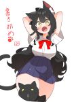 1girl :o absurdres animal_ears animal_print arm_garter armband arms_behind_head black_armband black_hair bow breasts bright_pupils cat_ears cat_girl cat_print cat_tail cropped_legs fang highres large_breasts long_hair no_nose open_mouth original paw_print red_bow school_uniform solo tail thick_thighs thigh-highs thighs uruti_2388 very_long_hair white_background white_pupils yellow_eyes zettai_ryouiki 