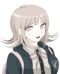  1girl :d breasts brown_hair collared_shirt danganronpa_(series) danganronpa_2:_goodbye_despair flipped_hair grey_shirt hair_ornament highres hood jacket long_sleeves looking_at_viewer medium_hair nanami_chiaki natsukusa_(hacho129) neck_ribbon open_clothes pink_eyes ribbon shirt smile solo spaceship_hair_ornament teeth two-tone_shirt upper_body upper_teeth_only 