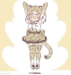 1girl animal_ears arms_up belt bow bowtie cat_ears cat_girl cat_tail coroha elbow_gloves extra_ears full_body glasses gloves grey_background grey_hair jumping kemono_friends long_hair looking_at_viewer margay_(kemono_friends) shirt shoes simple_background skirt sleeveless sleeveless_shirt solo tail thigh-highs 